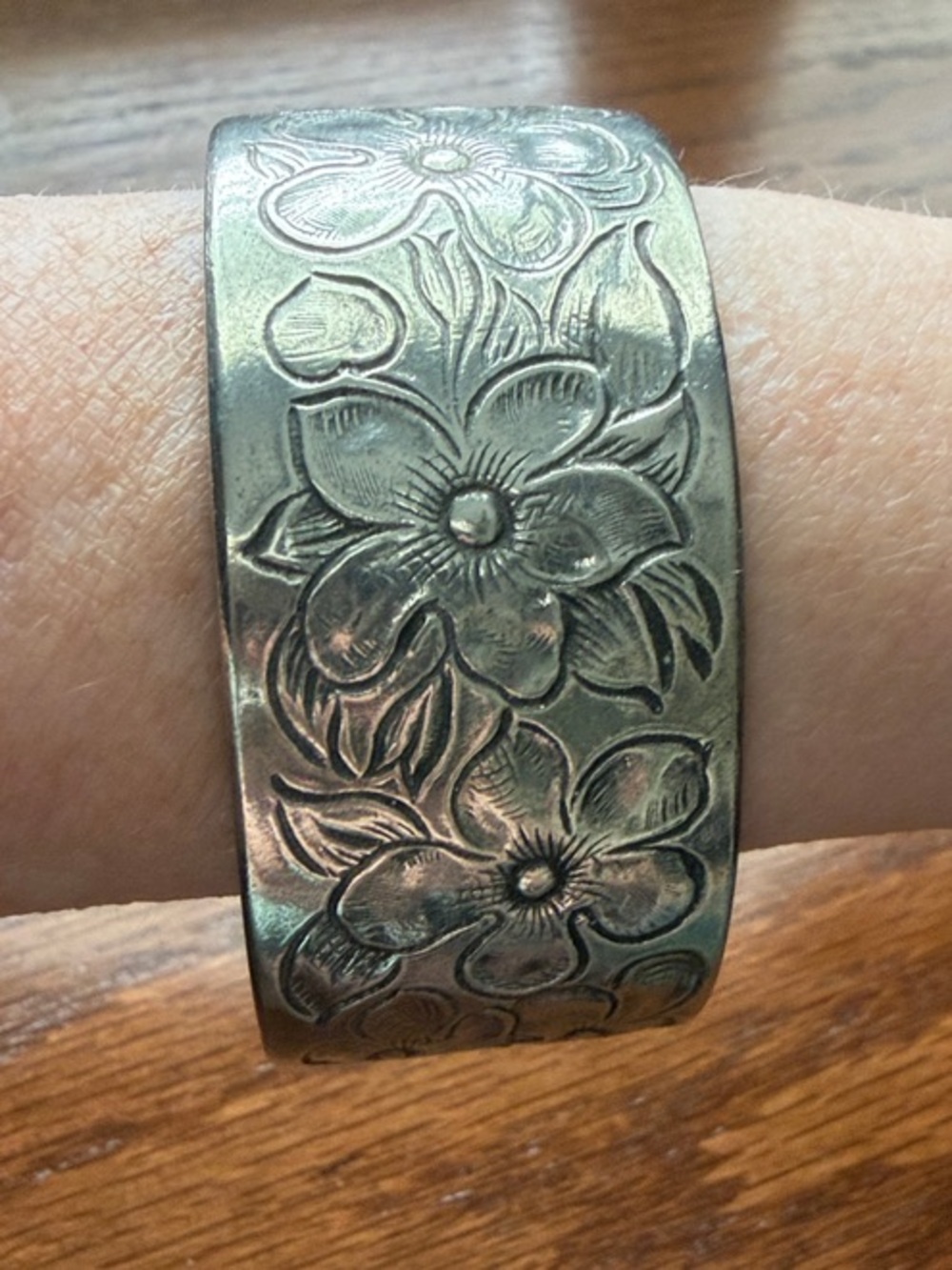 Floral Engraved Metal Cuff Bracelet - Silver Tone